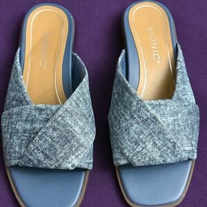 New Womens Vionic Miramar Blue Leather Slip On Slides Sandals Size:6.5
